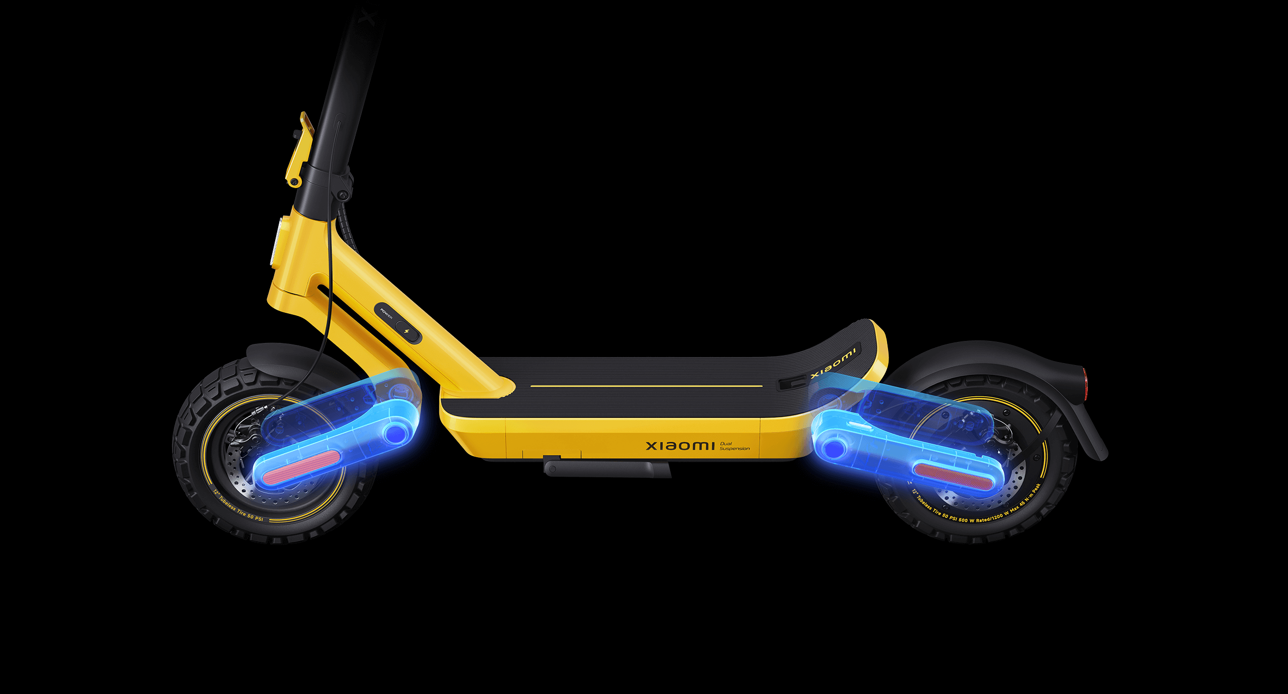 Scooter frame with both hub motors highlighted